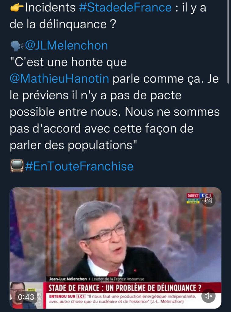 Lorsque Jean-Luc Mélenchon depuis les plateaux de LCI, recadre le maire de Saint Denis