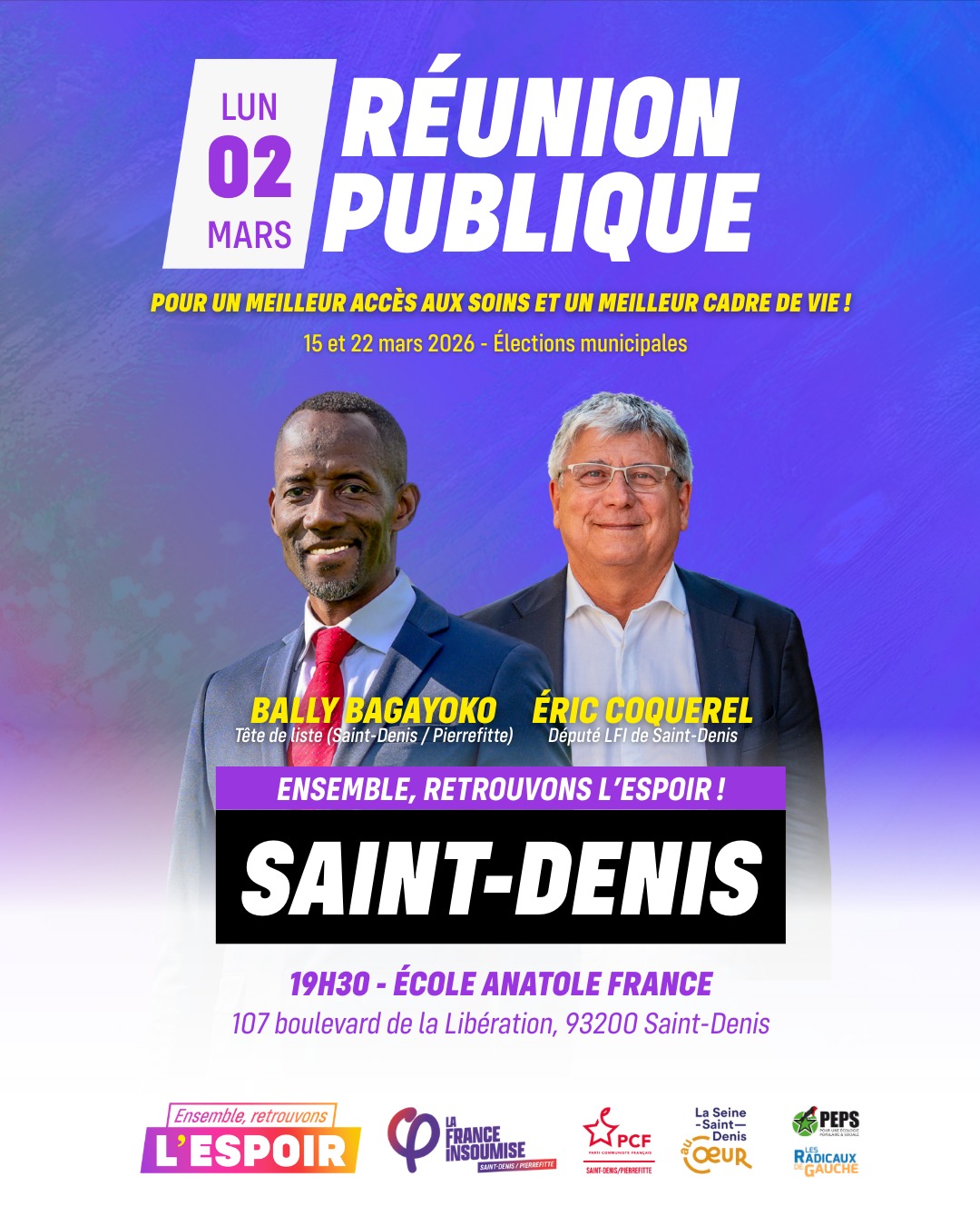 Bally Bagayoko - LFI - Saint Denis - Pierrefitte - Ensemble retrouvons l'espoir - Réunion publique - 2 mars - Coquerel